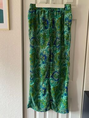 Chelsea & Theodore Paisley Wide Leg Pants Green Blue Boho Palazzo Size Medium